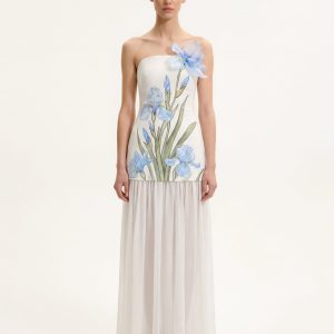 Robe longue asymétrique à fleurs - Blanc
