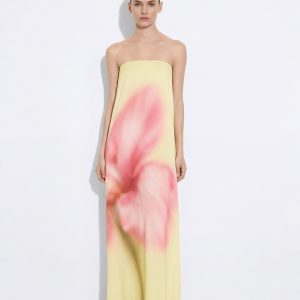 Robe longue bustier à imprimé floral aquarelle - Jaune