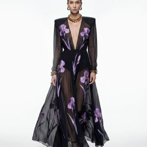 Robe longue transparente à manches longues et imprimé floral Iris - Noir/Violet