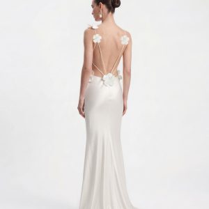 Robe en satin avec appliqués floraux 3D - Blanc