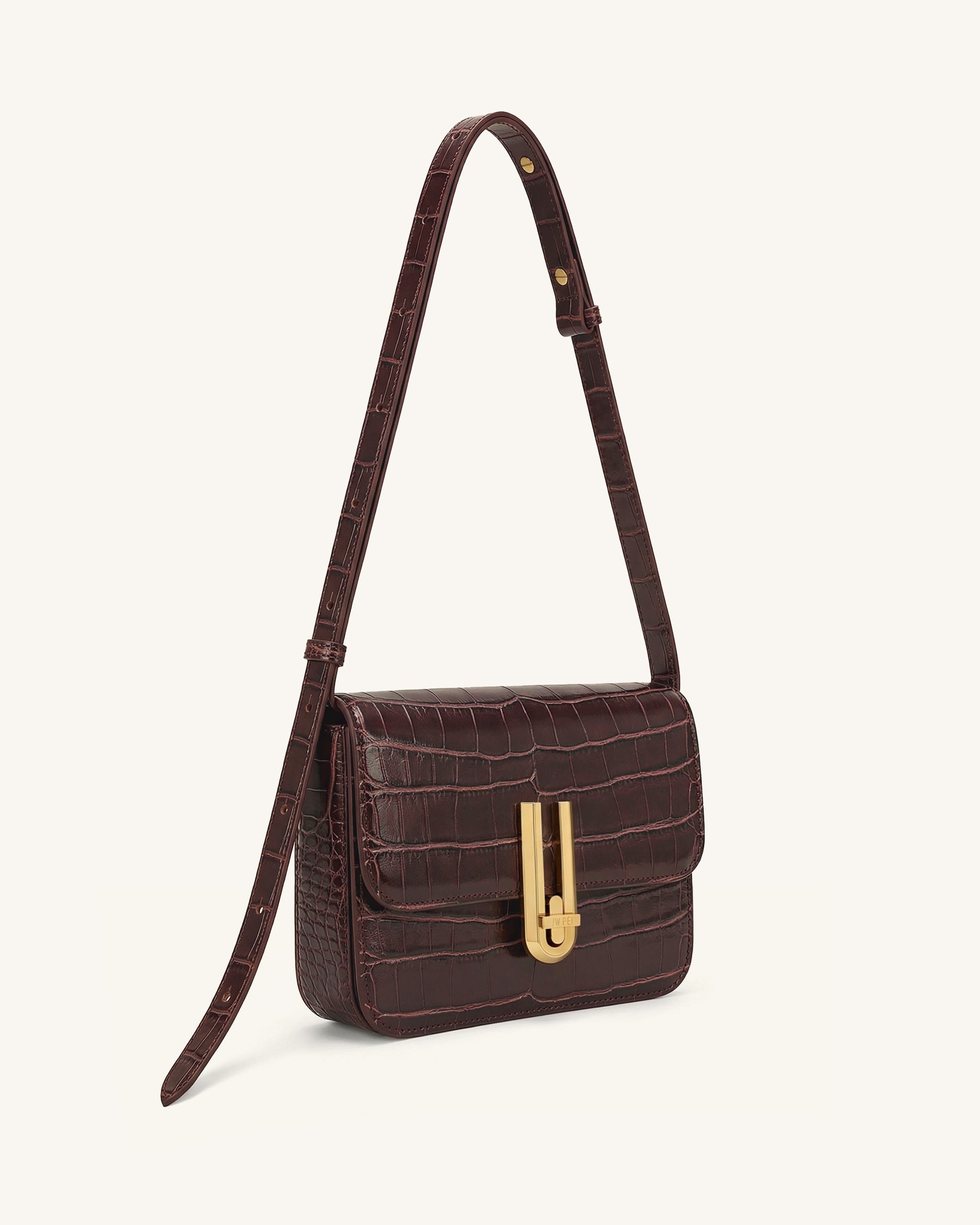 Evania Sac porté épaule à fermoir - Effet croco bordeaux – Image 2