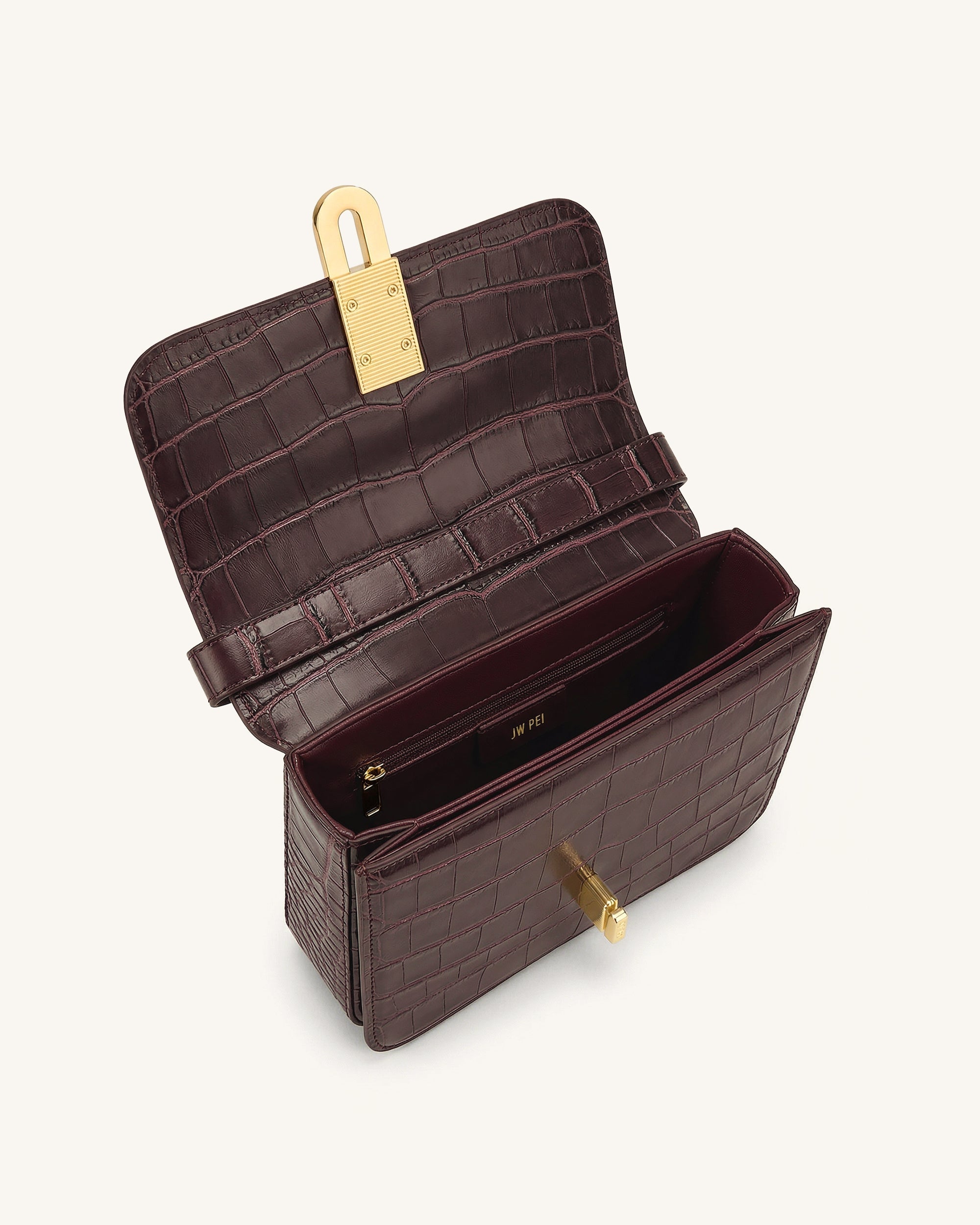 Evania Sac porté épaule à fermoir - Effet croco bordeaux – Image 4