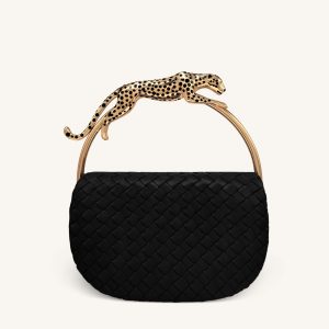 Ione Sac à poignée supérieure tissé avec anse en métal en forme de léopard - Noir