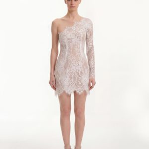 Mini-robe en dentelle à une épaule - Blanc