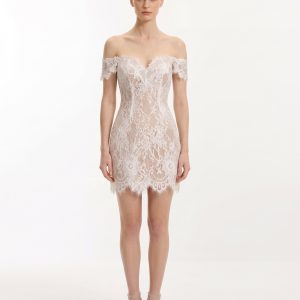 Robe Mini en Dentelle Épaules Dénudées - Blanc