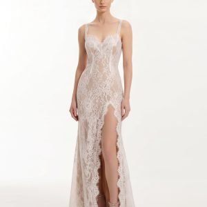 Robe Maxi en Dentelle à Fente - Blanc