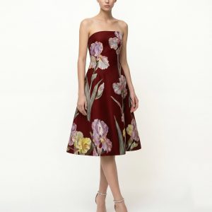 Robe trapèze bustier à imprimé floral Iris - Bordeaux