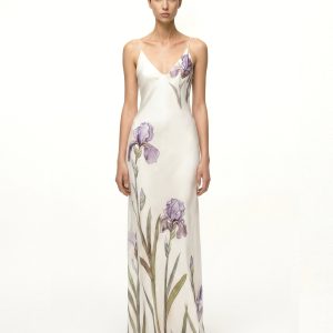 Robe-nuisette longue en satin à motif Iris - Blanc
