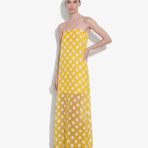 Robe longue bustier à pois - Jaune