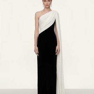 Robe longue drapée à une épaule - Noir et blanc