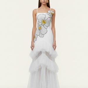 Robe longue bustier en tulle à volants brodée d'orchidées - Blanc