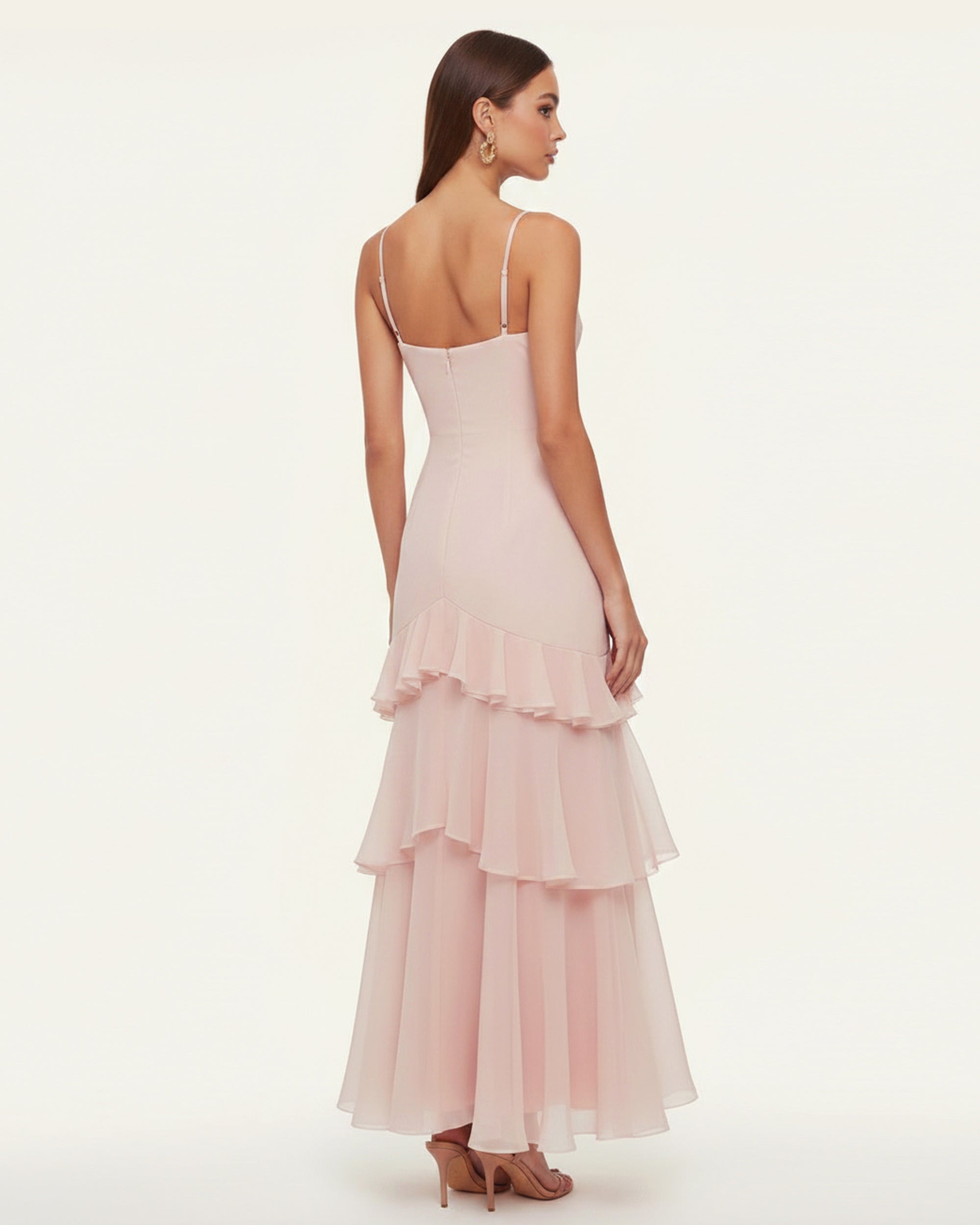 Robe longue asymétrique à volants brodée d'orchidées - Rose poudré – Image 2