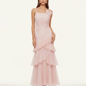 Robe longue asymétrique à volants brodée d'orchidées - Rose poudré