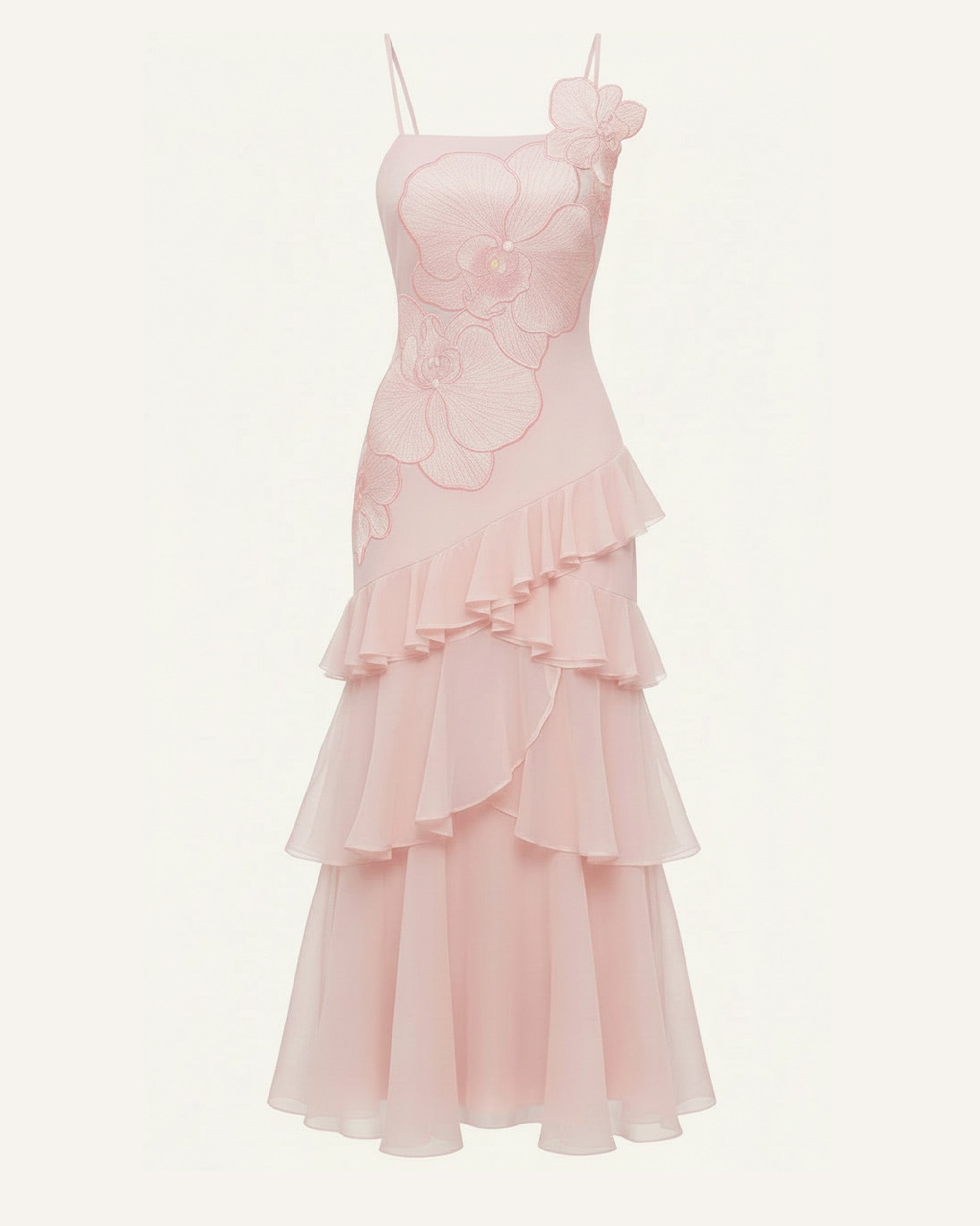 Robe longue asymétrique à volants brodée d'orchidées - Rose poudré – Image 3