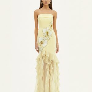Robe longue bustier à volants brodée d'orchidées - Jaune pâle
