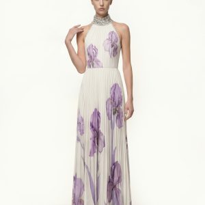 Robe longue plissée dos nu à col bijoux et imprimé Iris - Blanc/Violet