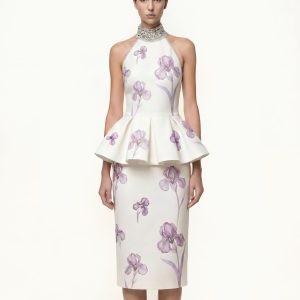 Jupe crayon midi à taille haute imprimée Iris - Blanc/Violet
