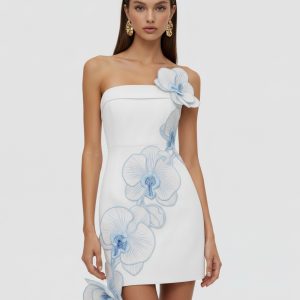 Orchid Mini Robe Bandeau Appliqués Floraux Broderie - Blanc Bleu