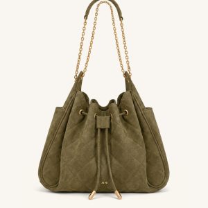 Rowan Sac seau matelassé à chaîne en faux suède - Vert olive