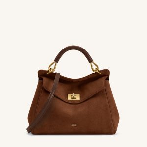 Lucia Sac à main classique en faux daim à poignée supérieure - Marron rouge foncé