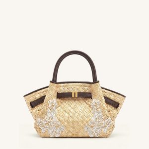 Mini sac cabas en fausse paille orné de perles Hana - Marron