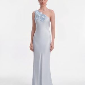 Robe longue à une épaule avec appliqués floraux - Bleu clair