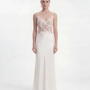 Robe longue en dentelle transparente avec appliqués floraux - Blanc