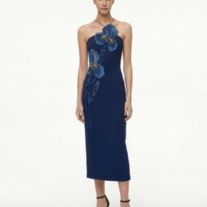 Iris Robe midi dos nu brodée - Bleu marine
