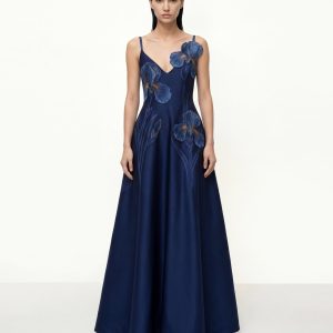 Iris Robe longue trapèze brodée - Bleu marine