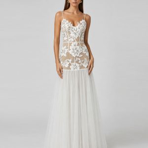 Robe longue en tulle transparent à applications florales - Blanc