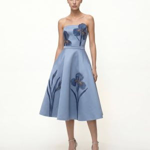 Iris Robe midi bustier brodée coupe trapèze - Bleu cendré