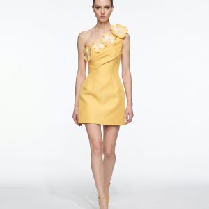 Robe courte asymétrique à applications florales - Jaune