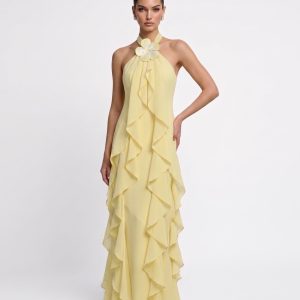 Robe longue en mousseline dos nu à volants avec appliqués floraux - Jaune