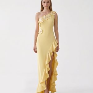 Robe fendue à volants et une épaule avec appliqués floraux - Jaune