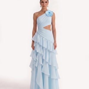 Robe longue en mousseline à volants et découpes à une épaule - Bleu