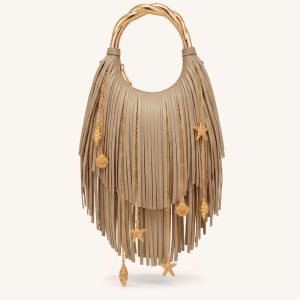 Chloe Sac à main à poignée en métal et franges - Kaki