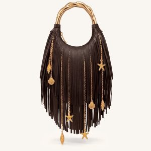 Chloe Sac à main à poignée en métal et franges - Marron foncé