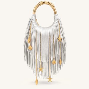 Chloe Sac à main à poignée en métal et franges - Argenté