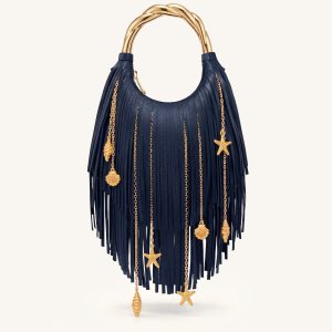 Chloe Sac à main à poignée en métal et franges - Bleu marine