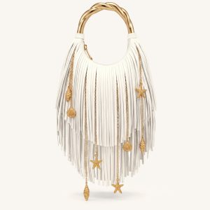 Chloe Sac à main à poignée en métal et franges - Blanc cassé