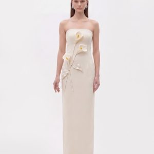 Robe bustier à appliqués floraux - Ivoire crème