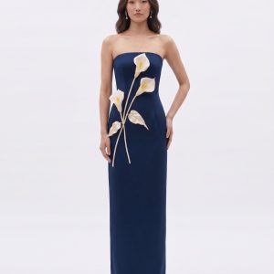 Robe bustier à appliqués floraux - Bleu marine