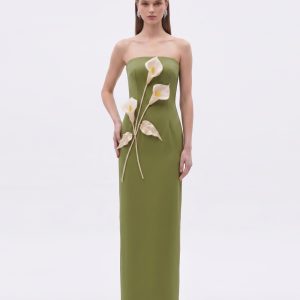 Robe bustier à appliqués floraux - Vert olive