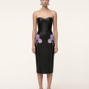 Iris Robe midi corset en cuir à imprimé floral - Noir