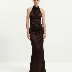 Robe longue froncée en satin à col bénitier - Chocolat noir