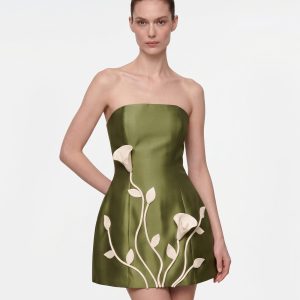 Mini robe bustier à fleurs 3D - Vert olive