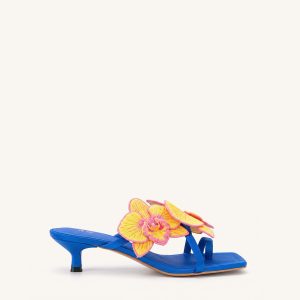 Serena Sandales à talons avec bague d'orteil et broderie d'orchidée - Bleu royal
