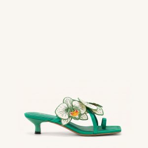 Serena Sandales à talons avec bague d'orteil et broderie d'orchidée - Vert émeraude