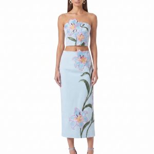 Lily Jupe crayon mi-longue taille haute brodée de fleurs - Bleu clair