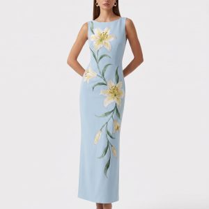 Lily Robe longue fourreau sans manches à imprimé floral - Bleu clair